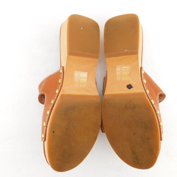 J. CREW Brown Leather Double Buckle Strap Slide Studded Wooden Heel Sandals 6.5 - Picture 6 of 8